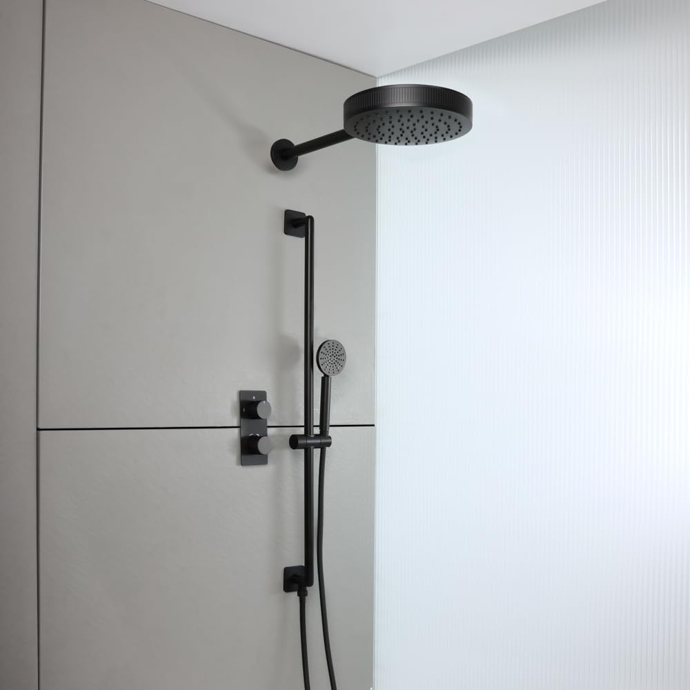 Milano Black Thermostatic Mixer Valve 250Mm Shower Head Handset Riser Rail