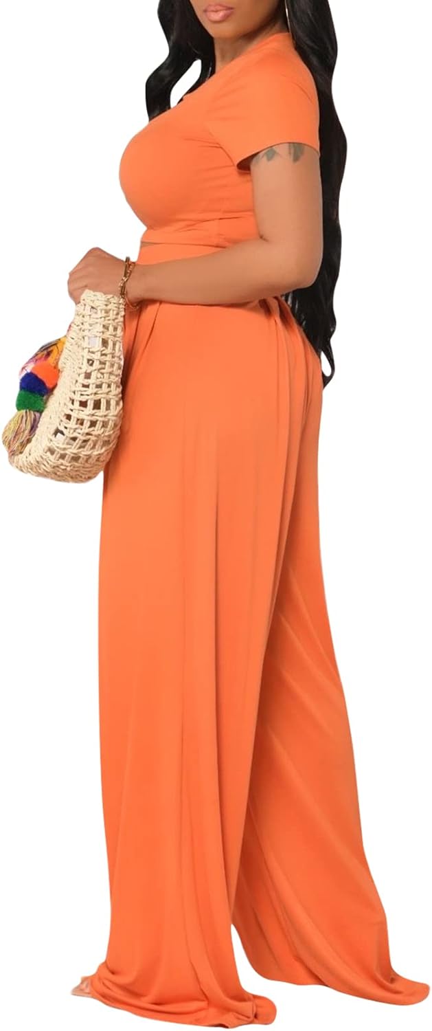 YouSexy Casual Summer 2 Piece Outfits for Women Short Sleeve Crop Top High Waist Wide Leg Pants Sets - Image 2