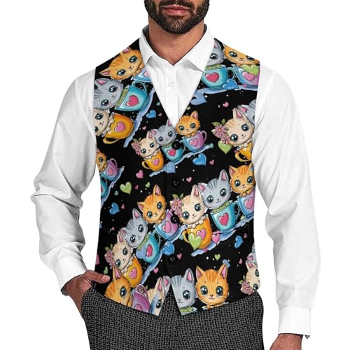 Teacup Cat Men's Suit Vests Dress Vest V-Neck Waistcoat Slim Business Formal with Pocket