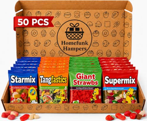 Mini Bags 50 Pack Sweets Gift Box Selection | Box Birthday Present Gift | 50 Mini Bag Gift Set Includes Starmix Supermix Giant Strawbs & Tangfastics Homefunk Hampers