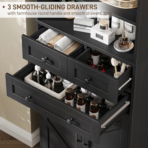 Image of Vabches 70 inch Tall Bathroom Storage Cabinet, Farmhouse Bathroom Cabinet with 3 Drawers, Adjustable Shelves & Doors, 3 Tier Wood Cabinets for Bathroom, Living Room, Rustic Black