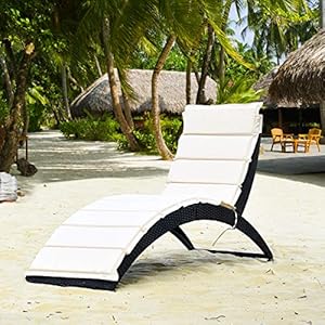 Tangkula foldable patio lounge chair outdoor rattan lounger chaise portable patio chaise with cushion all weather wicker furniture for garden lawn balcony backyard poolside 1 beige  urban country home decor