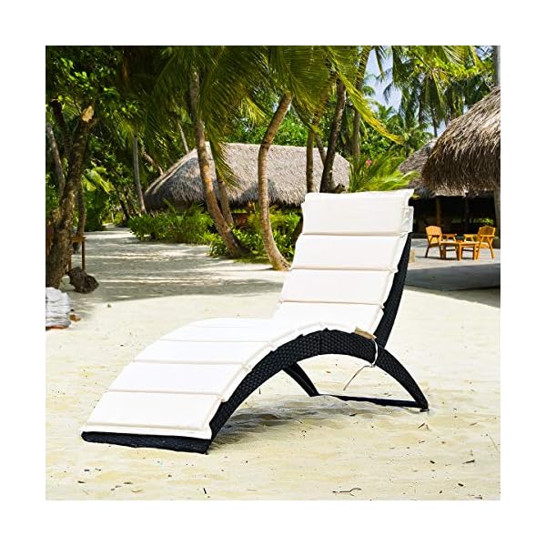 Tangkula foldable patio lounge chair outdoor rattan lounger chaise portable patio chaise with cushion all weather wicker furniture for garden lawn balcony backyard poolside 1 beige  urban country home decor