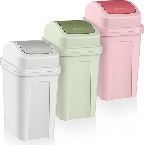 3 cubos de basura de baño de 1.8 galones con tapa abatible superior, bote de basura pequeño de plástico para baño, cubo de basura para cocina,