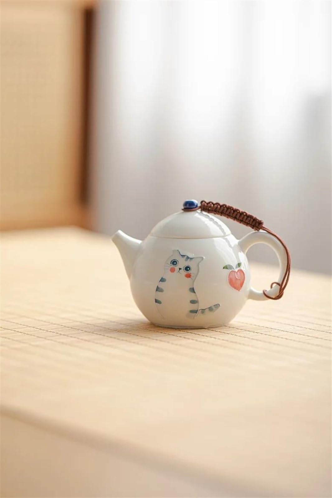Juegos de té Tetera de Gato Pintada a Mano Tetera de cerámica China de Dibujos Animados Lindo Juego de Ceremonia del té Té Oolong con Leche Tetera Tie Guan Juego de té de viaj(E)
