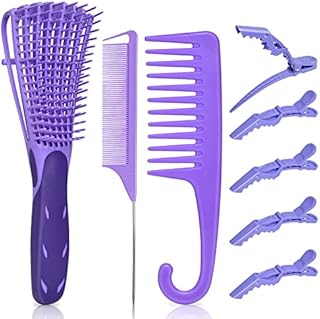 EZ Detangler Brush Set, MORGLES Detangling Hair Brush for Black Natural Hair Wide Tooth Comb with Rat Tail Comb 5PCS Alligator Clips for Men Women Kids(Purple)