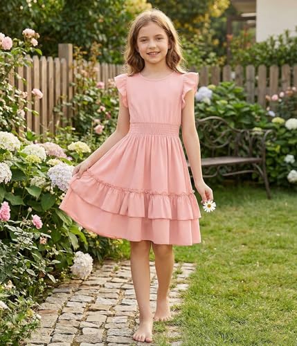 Image of Arshiner Girls Dresses Flutter Sleeve A-Line Sundress Casual Summer Tiered Swing Midi Pocket Dress