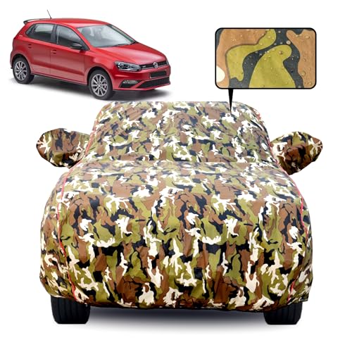 Image of 100% Waterproof Car Body Cover for Volkswagen Polo GT with Mirror Pocket, Soft Cotton Lining, Triple Stitched, Full Bottom Elastic (Heat Resistant Jungle Print with Red Piping)
