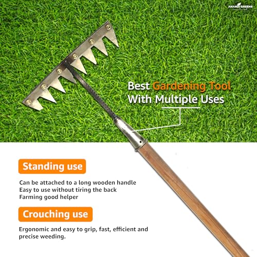 Image of Anandi Green's 8 Teeth Garden Rake Heavy Duty Carbon Steel Rake Handle for Soil Loosening, Weeding, Lawn & Yard Cleaning Multipurpose Outdoor Gardening Tool for Home Farm & Agricultural Use