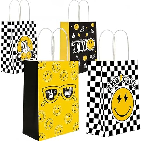 WCOSAM Two Cool Dude Smile-Themed Party Favor Gift Bags, Two Cool Second Birthday Party Goodie Paper Bags for Yellow Black Lightening Checkered Theme Party Decor (16 PCS) Cover