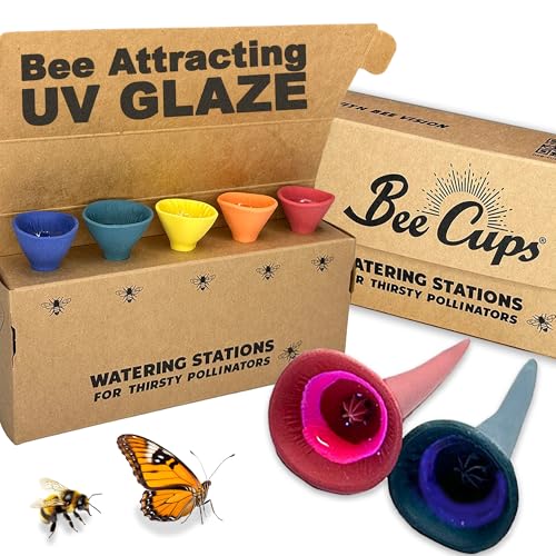 Bee Cups 5 Pack, Bee Watering Station, 100% Handmade Porcelain, Bee and Butterfly Feeder for Garden, Outdoor Feeders for Thirsty Pollinators, Plastic Free, Bee Attracting Glaze (5, Bold Variety)