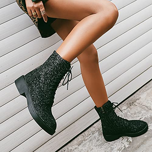 YIYA Women's Lace Up Glitter Sequin Combat Boots Round Toe Chunky Low Heel Side Zipper Sparkly Ankle Booties3