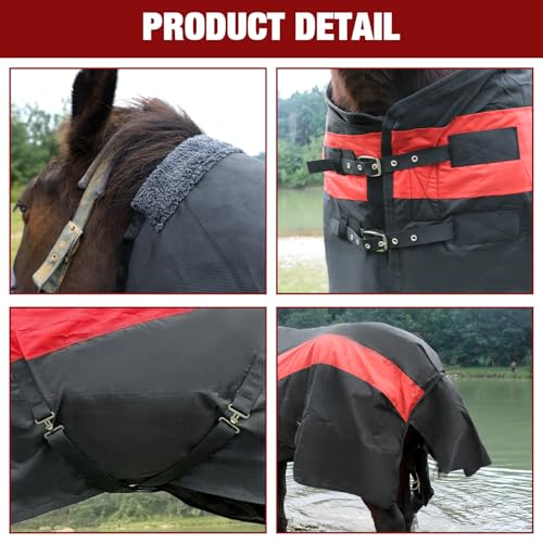 Horse Blankets Winter for Real Horses, 1600D Waterproof Poly Rain Sheets 72 in with Neck Cover Belly Wrap Tail Wrap Turnout Blanket, Stuff Care Medium Large Weight Heavy Outdoor Clothes Red Black - Image 6