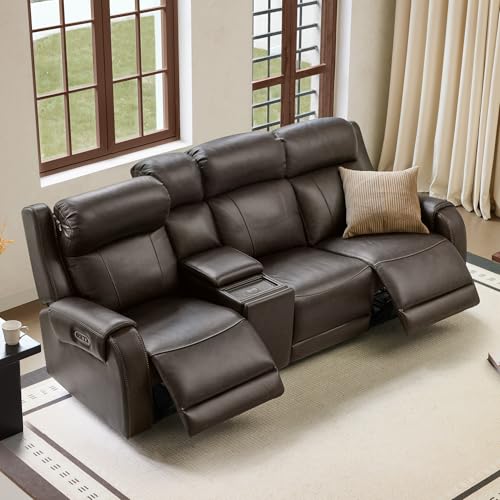 Image of CHITA Genuine Leather Power Recliner Sofa, 3 Seater with Console, Brown