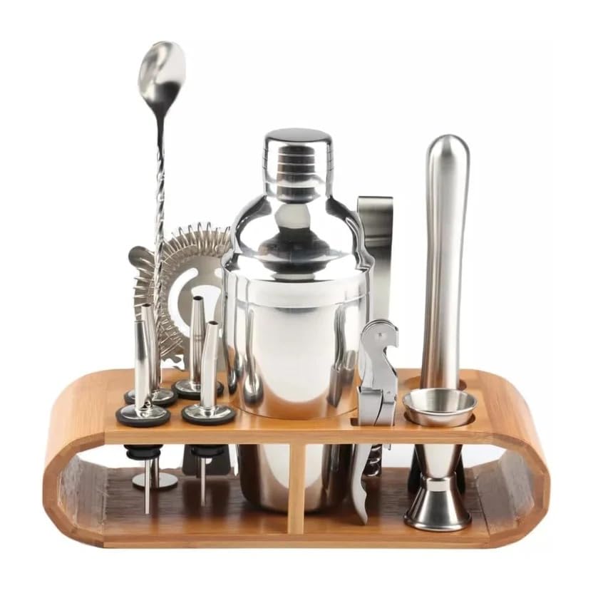 Kit Coqueteleira Inox 12 Peças 550ml com Suporte de Madeira Socador Colher Bailarina Dosador Coador Pinça, Conjunto Barman para Drinks Caipirinha Cocktails Coqueteis, Bar Completo Preparo Profissional