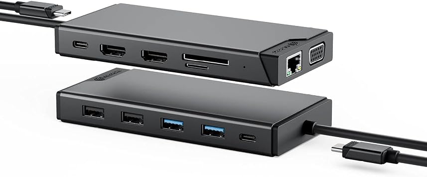 ALOGIC USB-C 12-in-1 Mini Docking Station, Dual Display, 2xHDMI, 1xVGA, 100W PD, 2xUSB-C, 2xUSB-A 2.0, 2xUSB-A 3.0, RJ45, 1x SD/TF Port, MacBook/Surface & Other USB-C Devices Compatible.