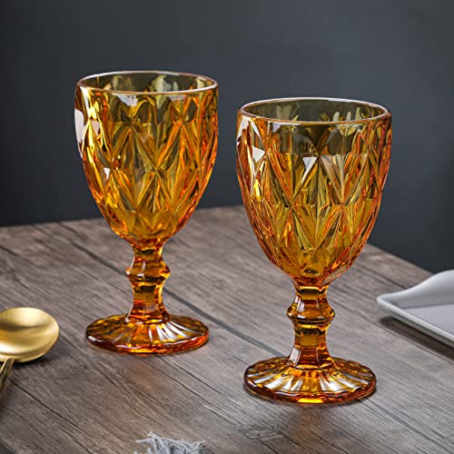 Heng River Colored Wine Glasses, Water Glass Goblets, Glass Drinkware Sets, Vintage Water Glass Cups, Embossed Drinking Glasses, Stemmed Glassware, 11 Oz, Set Of 6 (Amber) #TOP5