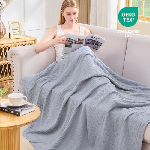 Image of EMME Muslin Blankets for Adults Throw Blanket for Couch Breathable Gauze Soft Lightweight Airy Dusty Blue Super King 120 inch x 94 inch