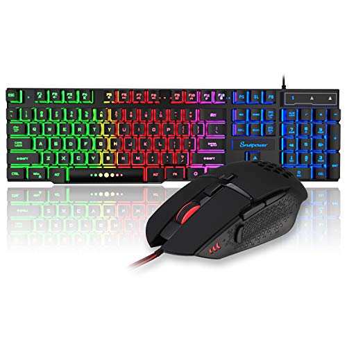 Snopower Gaming Keyboard and Mouse Combo, RGB Rainbow Backlit Gaming Keyboard USB Wired 4 Colour Respiration Gaming Mouse for PC Laptop computer Pc Recreation or Work