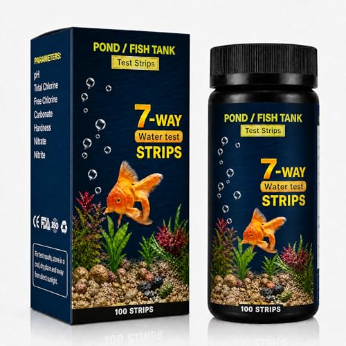 7-in-1 Pond & Fish Tank Test Strips - 100 Count | Fast 30s Water Test Kit for Carbonate pH Hardness Chlorine Nitrate Nitrite | Freshwater & Saltwater Aquariums