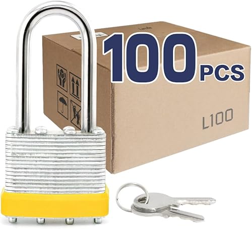 LanuBe Candado de acero laminado (1-916 pulgadas, 1.575 in), cerraduras iguales con llave, grillete largo, aro de plástico amarillo marcado, paquete