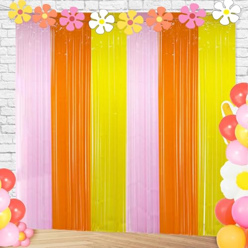 Groovy Foil Fringe Curtains Backdrop Birthday Party Decorations, 2 Pack 3.28 x 6.56 Ft Orange Yellow Pink Tinsel Streamer Photo Booth Props for Hippie Retro Boho Themed Party Decor Supplies