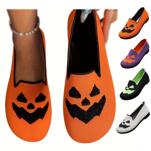 Women's Fashion Halloween Canvas Sneakers 2025,Halloween Pumpkin Ghost Pattern Loafers Soft Comfortable Knitted Walking Canvas Sneakers Low Top Slip on Mesh Breathable Loafers