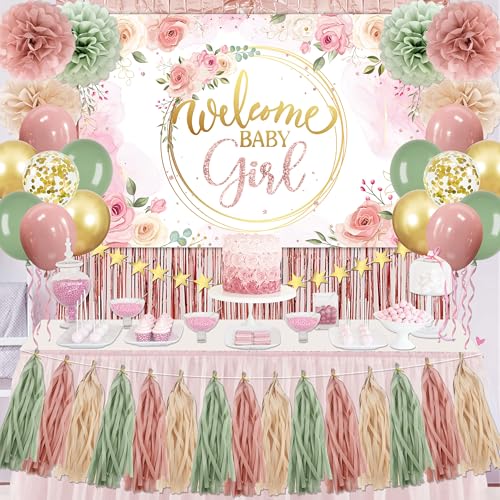 Dusty Pink and Sage Green Baby Shower Decorations Welcome Baby Girl Floral Backdrop Retro Pink Sage Green Gold Balloons Dusty Rose PomPoms Tassel Garland for Girl Birthday Baby Shower Decor