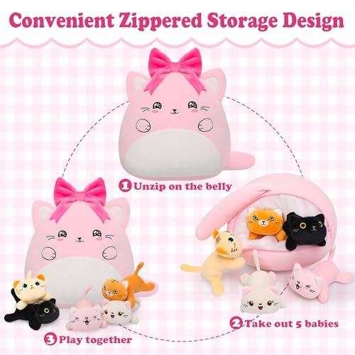 Cat with 5 babies Stuffed Animals - 15 Inch Cats Mommy with Small Babies Plush Inside 6-Piece Cute Realistic Cat Plushies Machine Wash Interactive Adopt Toy Toddler Girls Boys 0-8 Kids Birthdays Gift — view 5