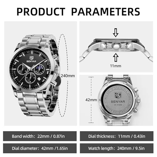 Image of BY BENYAR Men's Watches Waterproof Sport Military Watch for Men Multifunction Chronograph Black Fashion Quartz Wristwatches Calendar with Leather Strap