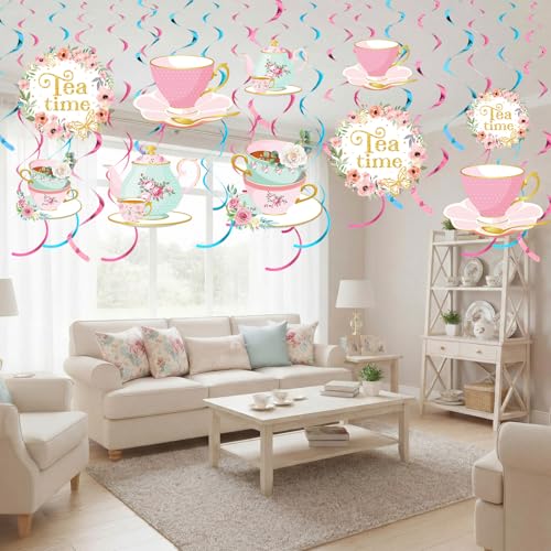 Image of Faccito 54 Pcs Tea Party Decorations Birthday Supplies - Floral Tea Party Birthday Decor Hanging Paper Swirls with Teapot Parties Time Ceiling Decoration for Spring Women Adults Bridal Wedding Favors