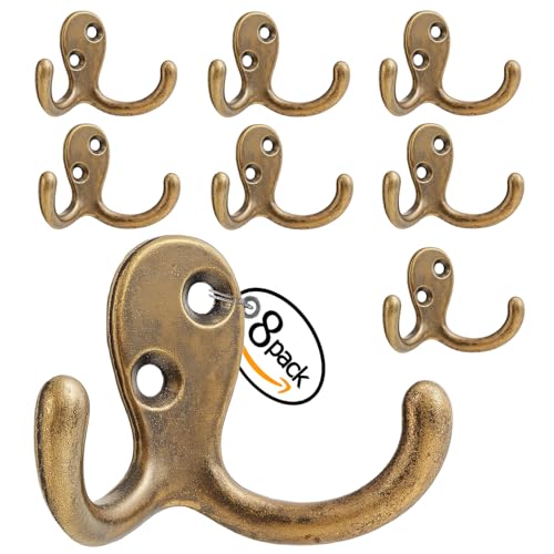Coat Hooks Wall Hooks for Hanging – 8 Pack Bronze Double Prong Hook Wall Mounted – Great for Living Room, Bedroom, Entryway, Closet for Coat, Bag, Towel, Hat, Key, Cup, Heavy-Duty, Easy to Install