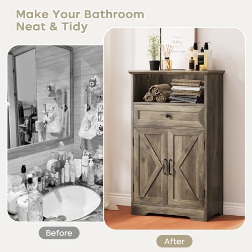 Floor Cabinet, Farmhouse Storage Cabinet with Barn Doors and Drawers Grey by Viroformo - Used condition - Image 4