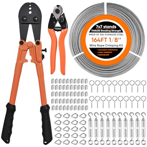 Toyeah 164FT 1/8" Stainless Steel Cable Kit with Wire Rope Crimping Tool and Cable Cutter, Turnbuckle Wire Tensioner Kit, 7x7 Strands Aircraft Cable for Deck Railing, Porch Fence, String Light