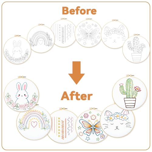 Image of BEUNITONE 6Pcs Easy Embroidery Kit for Adults Beginners, Simple Cross Stitch Starter Set for Beginners, Cute Animal Rainbow Butterfly DIY Craft Activity for Home Decor and Festival Gifts 20x20cm