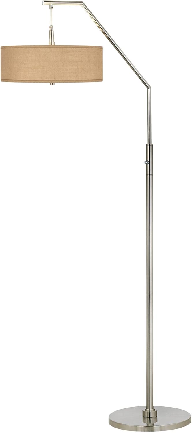 Possini Euro Design Modern Arched Floor Lamp 71.5" Tall Brushed Nickel Silver Standing Pole Base Woven Burlap Fabric Drum Shade for Living Room Reading House Bedroom Home Office