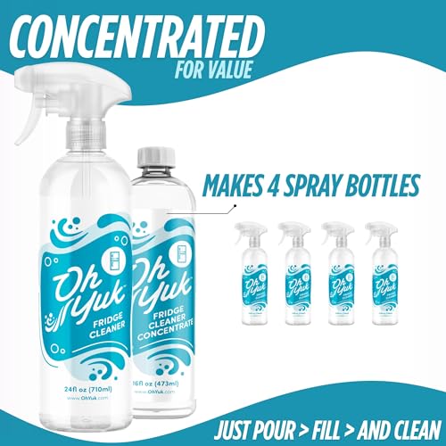 Image of Oh Yuk Fridge Cleaner - Spray + Concentrate Combo | Makes 5 Bottles | Cleans Inside Refrigerator for Spotless, Food-Contact Safe Surfaces | Biodegradable, Vegan | Tackles Sticky Messes & Dried-On Food