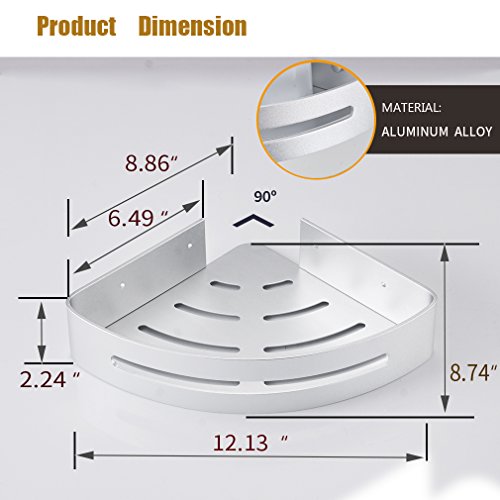 Besy BS_00002_04_MA_ND_3T Shower Corner Caddy Bathroom Shower Corner Shelf With Two Hooks, Self Adhesive With Glue Or Wall Mount With Screws,Heavy Duty Aluminum 3 Tier Storage Shelves Triangle Baskets,Dull Polished Silver thumb #3
