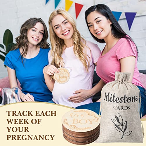 19 Pieces Pregnancy Milestone Signs Weekly Baby Bump Tracker 4.7\" Milestone Cards Wooden Milestone Discs Double Sided Pregnancy Weekly Signs Neutral Baby Announcement Cards with Bag for Pregnant Moms - Thumbnail 6