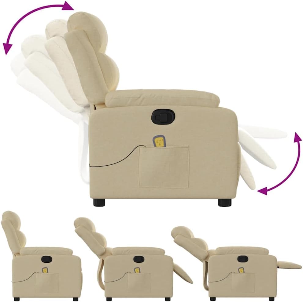 vidaXL Massage Recliner Chair Cream Fabric (100% Polyester), Metal, Plywood
