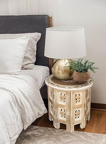 Round Side Table,Small Table, Round End Table,Side Table, Side Tables Living Room,End Table,Altar Table, Carved Side Table,Wood Accent Table,Carved Wood Table 12" Round Top X 12" High White Wash #TOP2