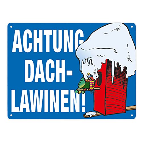 Warnschild für den Winter in blau Achtung Dachlawinen! Mit Comic Vogelhaus Gefahr Metall-Schild Dachlawine Aluschild Winter Blechschild Schnee Vogelhäuschen Vogel Winterdienst