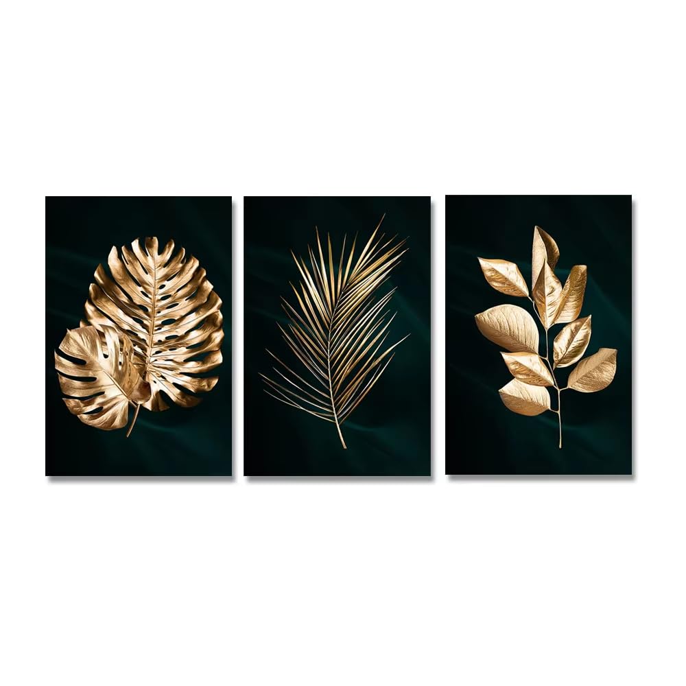 XIANGPEIFBH 3PCS Artwork Poster Abstract Gold Tropical Monstera Palm Leaves Canvas Painting Wall Art Pictures for Home Decor((70x100cm/28x39in) x3/Unframed)