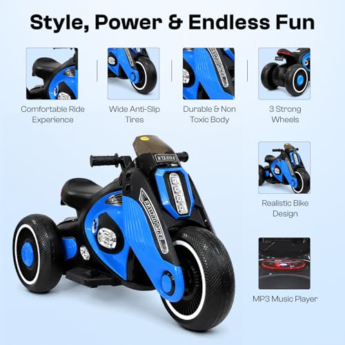 Image of Toyzone Rambo Electric Bike - Blue | 12V Rechargeable Bike for Kids with 4.5Ah Battery | LED Lights, Music, MP3 | Smooth Acceleration | 6M Battery Warranty | for Big Kids Age 4-12 Years, Up to 35kg