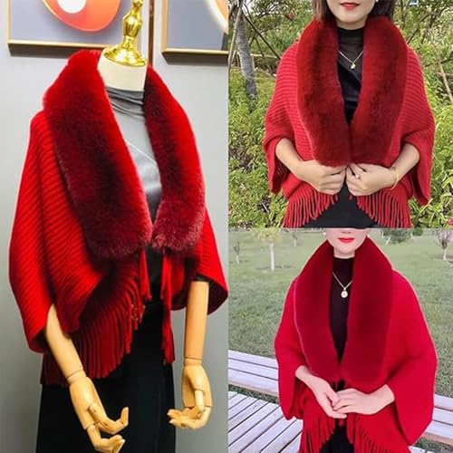 Permitime Knitting Thick Women's Loose Shawl With Fur Collar, Elegant and Cozy Warm Knitted for Women3