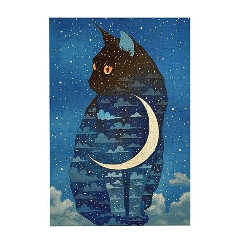 ジグソーパズル柄 猫 夜空の星月 (8) 木製 300ピース アニメ キャラクター パズル 減圧 レジャー おしゃれ 子供 初心者向け 人気 プレゼント 38 x 26cm