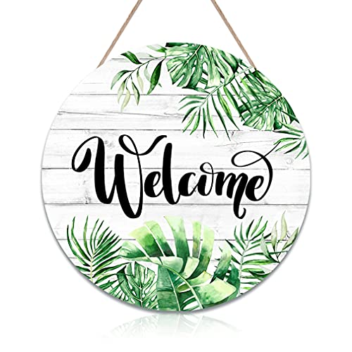 CHDITB Rustic Welcome Sign Front Door Wall Decor, Tropical Plant Wooden Hanging Sign (12  x12  ), Green Leaf Wood Plaques for Home Office Farmhouse Yard Garden