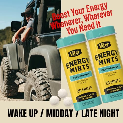 Image of Viter Energy 40mg Caffeine Mints - Sugar Free, B Vitamins, Vegan, Boosts Fast Energized Alert Focus, Caffeinated Nootropic Supplement Pills (Peppermint Flavor, 20pcs, 6 Pack, 120pcs Total)
