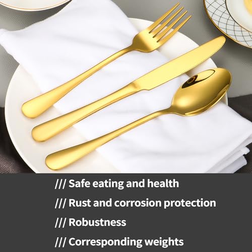 48-Piece Gold Silverware Set with Steak Knives Gold Stainless Steel Flatware Set for 8 Food Grade Tableware Cutlery Set Rust-proof, Mirror Polished, Dishwasher Safe by Lazycorner - Used condition - Image 5