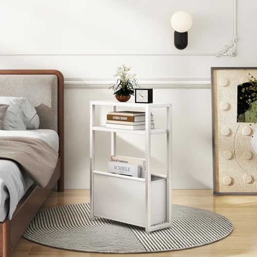 Miniatura 2 de Ibuyke Mesa Auxiliar De 3 Niveles Para Espacios Pequeños, Con Cesta De Disposición Oxford, Mesita De Noche, Mesas Auxiliares Para Sofás Para Sala De Estar,Dormitorio, Blanco Tmz009w